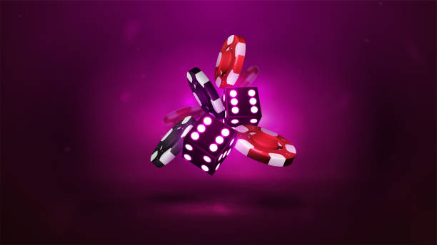 istock Purple neon 3D dice with red and black realistic gambling stack of casino chips on purple background 1412502829
