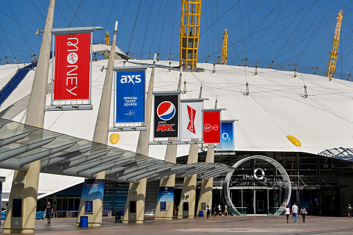 London, England - June 2022: Front exterior view of entrance to the O2 Arena in Greenwich