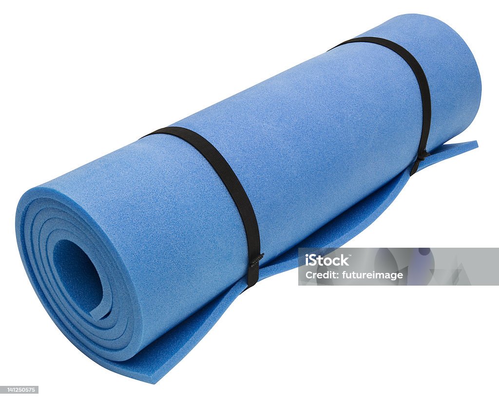 Blue rolled up exercise yoga mat on white Exercise Mat - clipping path included Activity Stock Photo