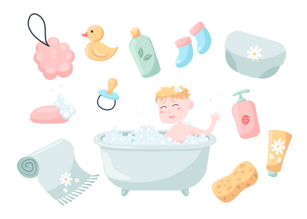 ilustrações de stock, clip art, desenhos animados e ícones de accessories for bathing children vector illustrations set - packing duck