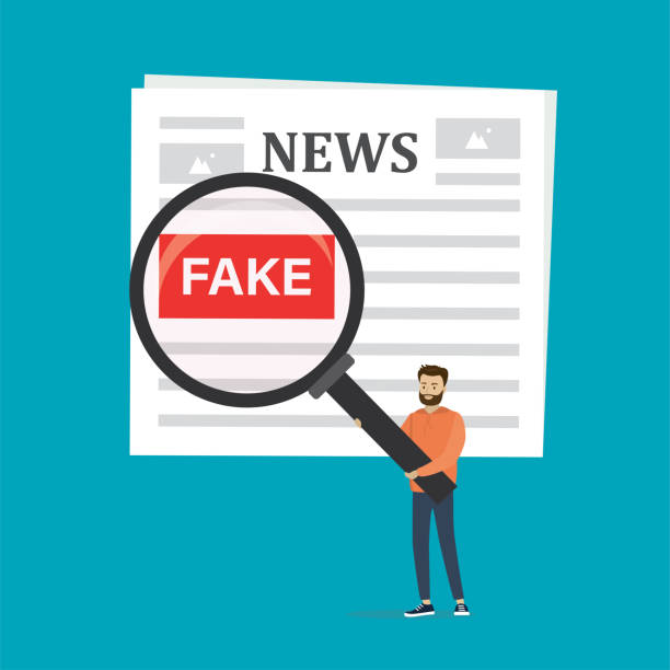 ilustrações de stock, clip art, desenhos animados e ícones de newspaper with fake articles. reader holds magnifying glass. consumer found fake news in newspaper. social media with propaganda or hoax. male character found lie in the press. - newspaper the media article backgrounds