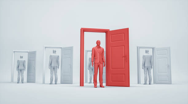 istock Multiple doors opened with man standing in front. Opportunities and choice concept. 1412510326