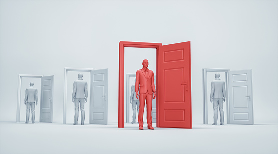 Multiple doors opened with man standing in front. Opportunities and choice concept. This is a 3d render illustration