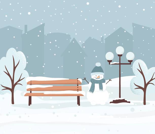 벤치, 등불, 나무, 눈사람 및 주택의 실루엣이있는 겨울 도시 공원. - snow winter bench park stock illustrations