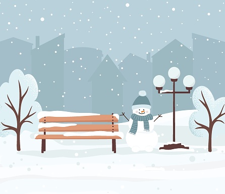 Winter city park with bench, lantern, trees, snowman and silhouettes of houses. Vector illustration
