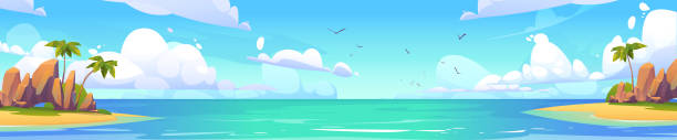 Tropical island in sea panoramic nature landscape Tropical island in ocean panoramic nature landscape. Cartoon background with sea and palm trees under blue sky, tranquil water surface with rocks under beautiful cloudy heaven, vector illustration tropical beach and clouds scene stock illustrations