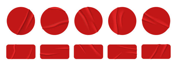 Red sticker paper texture, wrinkled adhesive label Red sticker paper texture, wrinkled adhesive label or price tag, crumpled glue badge 3d vector realistic set illustrations. Plastic round and rectangular badges isolated on white background stampeding stock illustrations