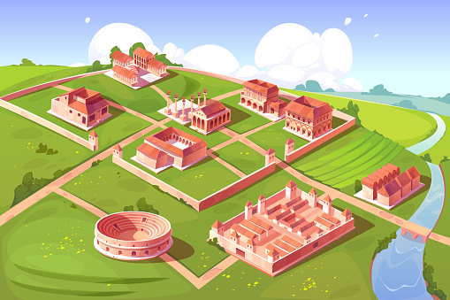 Rome isometric landscape with antique building vector cartoon game background. Capitol temple and basilica with square, roman forum, taberna and insula, castra ancient military camp, river with bridge