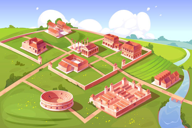 Rome isometric landscape with antique building Rome isometric landscape with antique building vector cartoon game background. Capitol temple and basilica with square, roman forum, taberna and insula, castra ancient military camp, river with bridge capitoline hill stock illustrations