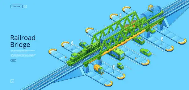Vector illustration of Railroad bridge banner with isometric cargo train