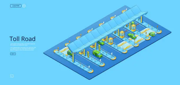 Vector illustration of Isometric toll road with cars and checkpoint booth