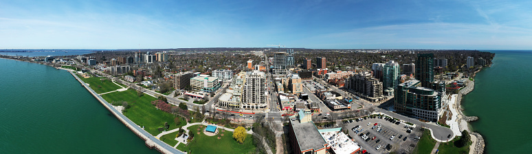 An aerial panorama of Burlington in Ontario, Canada by the lake