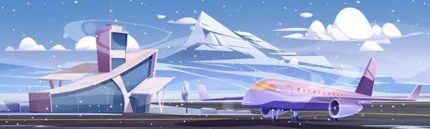 illustrazioni stock, clip art, cartoni animati e icone di tendenza di edificio del terminal dell'aeroporto con torre e aereo - airfield mountain snow airport