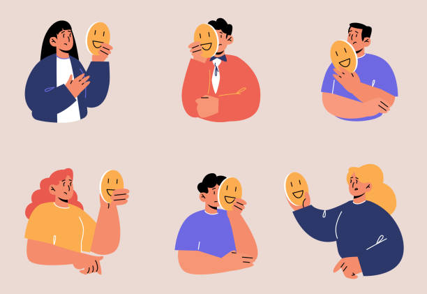 Set of people hiding faces behind of social masks Set of people hiding faces behind of social masks with fake positive emotions. impostor syndrome, hypocrisy. Sad men and women disguising real feelings and identity, Line art flat vector illustration hypocrisy stock illustrations