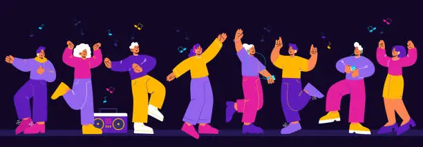 Vector illustration of Happy people celebrate party in night club, disco
