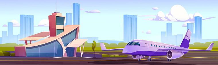 Airport terminal building with dispatcher tower and airplane waiting to flight on runaway. Modern metropolis aerodrome or transport hub infrastructure and air transport, Cartoon vector illustration