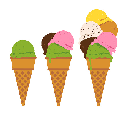 Three ice cream cones isolated on a white background.