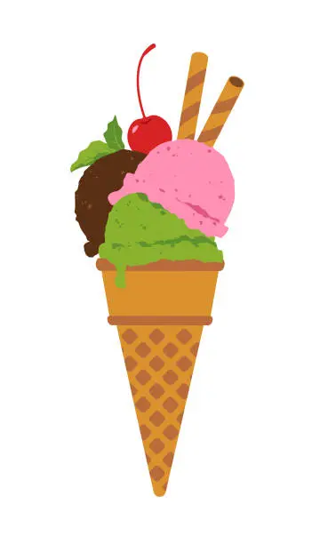 Vector illustration of Ice cream cone with decorations