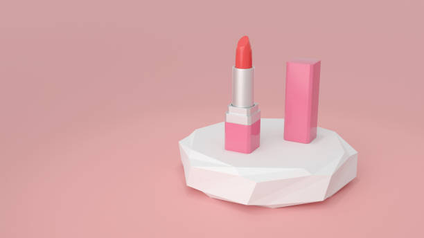 istock Pink with white tube with lipstick on a white podium. 3D render. 1412515753