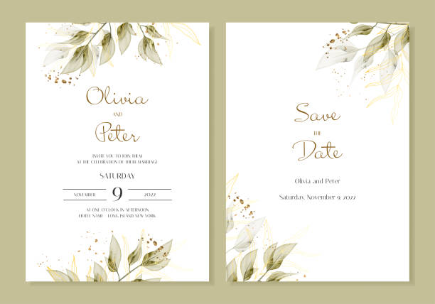 illustrazioni stock, clip art, cartoni animati e icone di tendenza di modelli di matrimonio vettoriali con foglie ad acquerello e vegetazione. rami dipinti a mano, foglie su sfondo bianco. inviti semplici e minimalisti. - wedding card