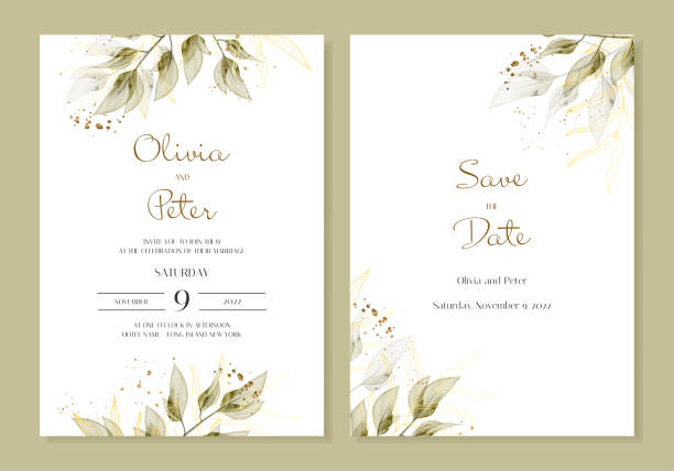 ilustrações de stock, clip art, desenhos animados e ícones de vector wedding templates with watercolour leaves and vegetation. hand-painted branches, leaves on a white background. simple minimalist invitations. - frame flower ornamental garden beauty in nature
