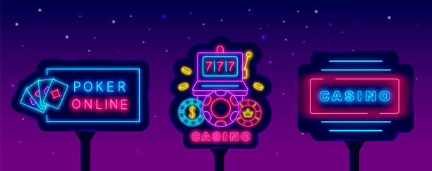 istock Casino neon signs collection. Poker online label. Light street billboards pack. Shiny advertising. Vector illustration 1412519996