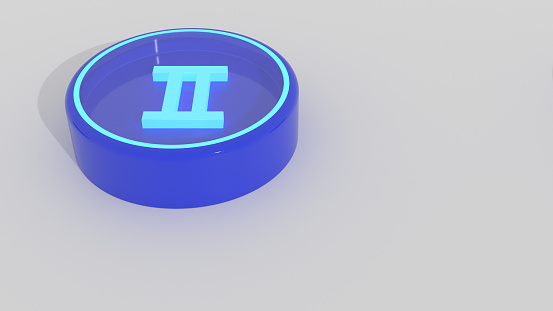 Gemini. Zodiac sign in the corner of the frame, free space for insertion. A blue cylinder with a blue glowing border and an image of a blue glowing zodiac sign inside behind glass. 3D render.