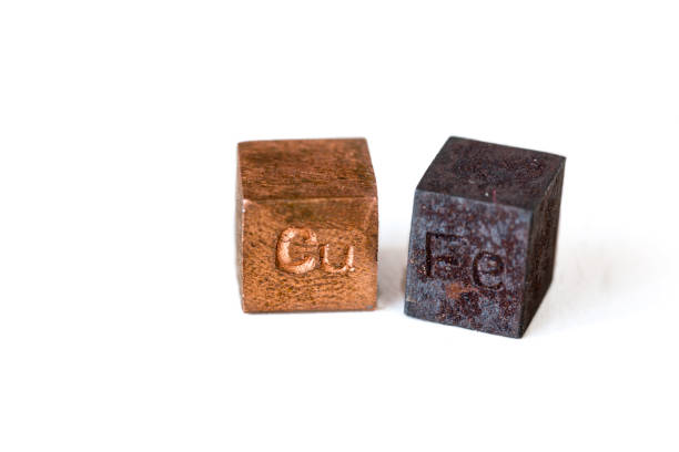 istock Iron and copper cubes with elements names on them on pure white background 1412520922