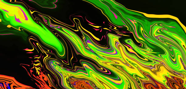 istock Bright fluid yellow black orange neon green background. Abstract liquid multicolored wave. Art trippy digital screen. Fantasy Backdrop. Royal glitter banner. Template. Luxury texture. Creative flyer. 1412521386
