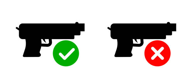 ilustraciones, imágenes clip art, dibujos animados e iconos de stock de icono de pistola y marca de verificación, conjunto de iconos de pistola y marca cruzada. icono de pistola permitida y pistola prohibida. vector. - gun violence