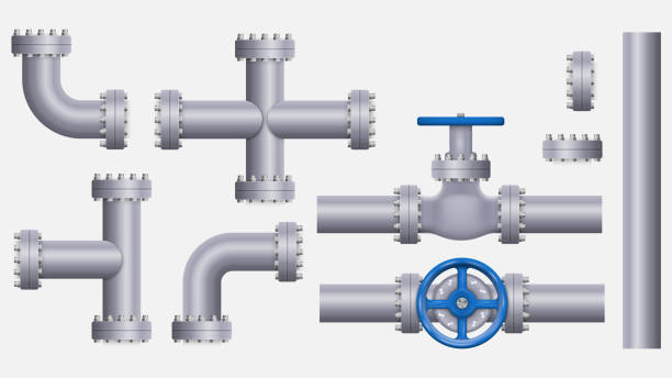 sammlung von metallrohren. stahlrohrleitungen, kunststoffrohre, ventile und flansche, wasserabflüsse. konzept des verbindungssystems. vektorillustration. - pipe valve water pipe air valve stock-grafiken, -clipart, -cartoons und -symbole