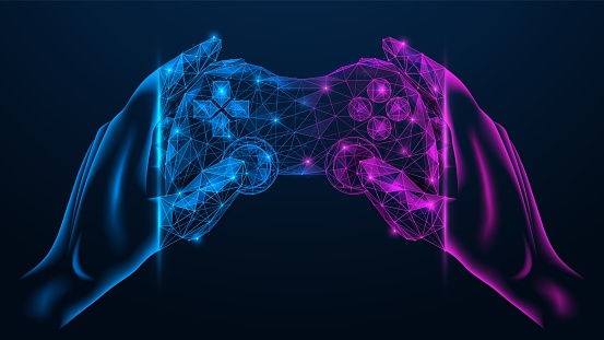 Network gaming. Futuristic game joystick in hands. Polygonal design of interconnected lines and points. Blue background.