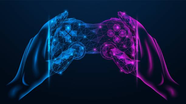 Network gaming. Network gaming. Futuristic game joystick in hands. Polygonal design of interconnected lines and points. Blue background. gambling stock illustrations