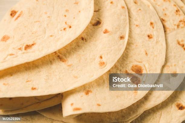A Stack Of Mexican Tortillas On A Gray Table Top View Closeup No People Stock Photo - Download Image Now