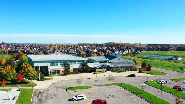 Aerial view of Town of Halton Hills Gellert Community Centre, Ontario, Canada An aerial view of Town of Halton Hills Gellert Community Centre, Ontario, Canada. The facilities provide service to the town and surrounding region gellert stock pictures, royalty-free photos & images