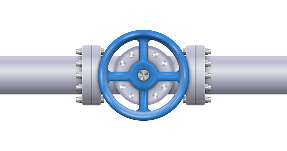 Oil, gas or water flowing through pipe. Pipeline construction with valve isolated. Industrial system. Vector illustration. Eps 10.