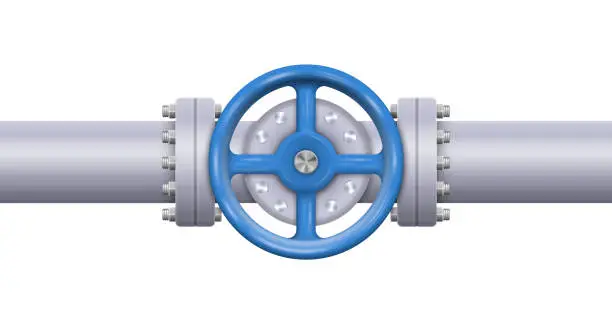 Vector illustration of Oil, gas or water flowing through pipe. Pipeline construction with valve isolated. Industrial system. Vector illustration.