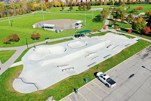 An aerial of Gellert Skatepark, Halton Hills, Ontario, Canada. The facilities provide service to the town and surrounding region