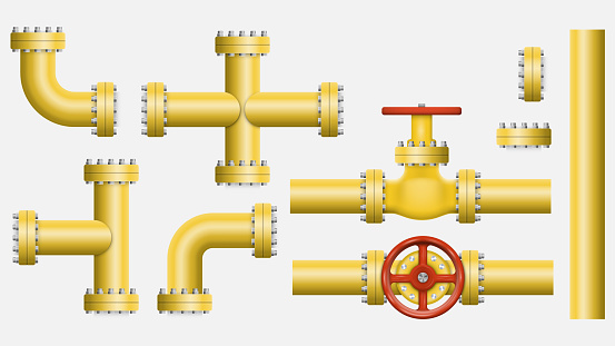 Set of yellow elements of the pipeline. Gas and oil industry. Vector illustration. Eps 10.