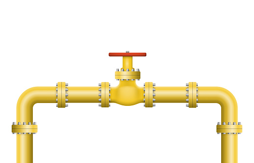 Oil, gas or water flowing through pipe. Pipeline construction with valve isolated. Industrial system. Vector illustration.