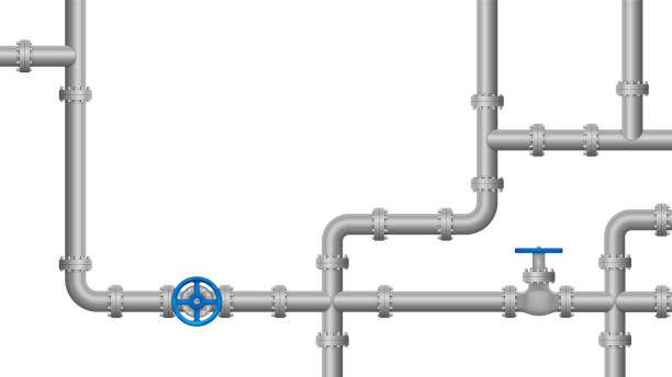 tło przemysłowe z rurociągiem. rurociąg naftowy, wodny lub gazowy z armaturą i zaworami. ilustracja wektorowa. - pipe water pipe pipeline steel stock illustrations