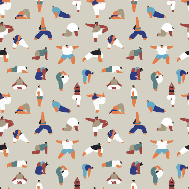 ilustraciones, imágenes clip art, dibujos animados e iconos de stock de diversas personas de yoga postura sin fisuras patrón de dibujos animados - entrenador personal