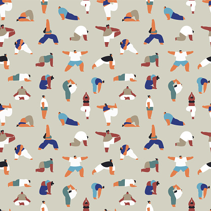 Diverse people yoga pose seamless pattern cartoon