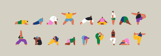 ilustrações, clipart, desenhos animados e ícones de jovens yoga pose conjunto de desenhos animados isolado - modelo plus size