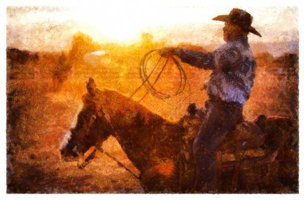 로데오 승마에 카우보이 - 디지털 조작 - illustration and painting animal cowboy horse stock illustrations