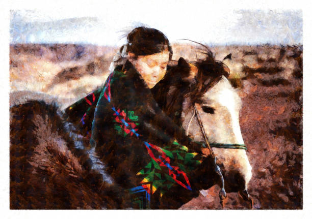 navajo-indianerin mit ihrem pferd - digitale manipulation - navajo american culture indigenous culture women stock-grafiken, -clipart, -cartoons und -symbole