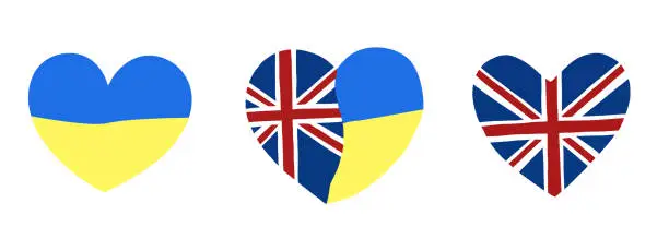 Vector illustration of Heart flag of England and Ukraine. Symbol of friendship and support. Vector illustration isolated, hand drawn.