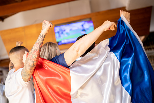 Rear view of french team fans celebrating with French flag in a bar