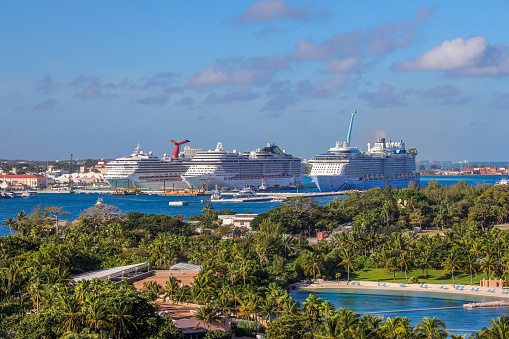 Nassau,Bahamas- December 20, 2021: Cruise ships docked in port of Nassau, Bahamas.