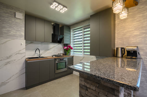 istock Interior of modern trendy grey kitchen 1412527042